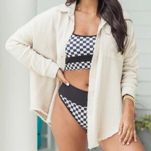 Pink Lily Let Me Adore You Button Down Front Gauze Long Sleeve Blouse